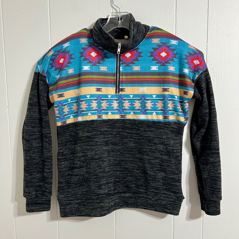 Southwestern Pattern‎ 1/4 Zip Pullover Sweater Long Sleeve Gray Heather Size L